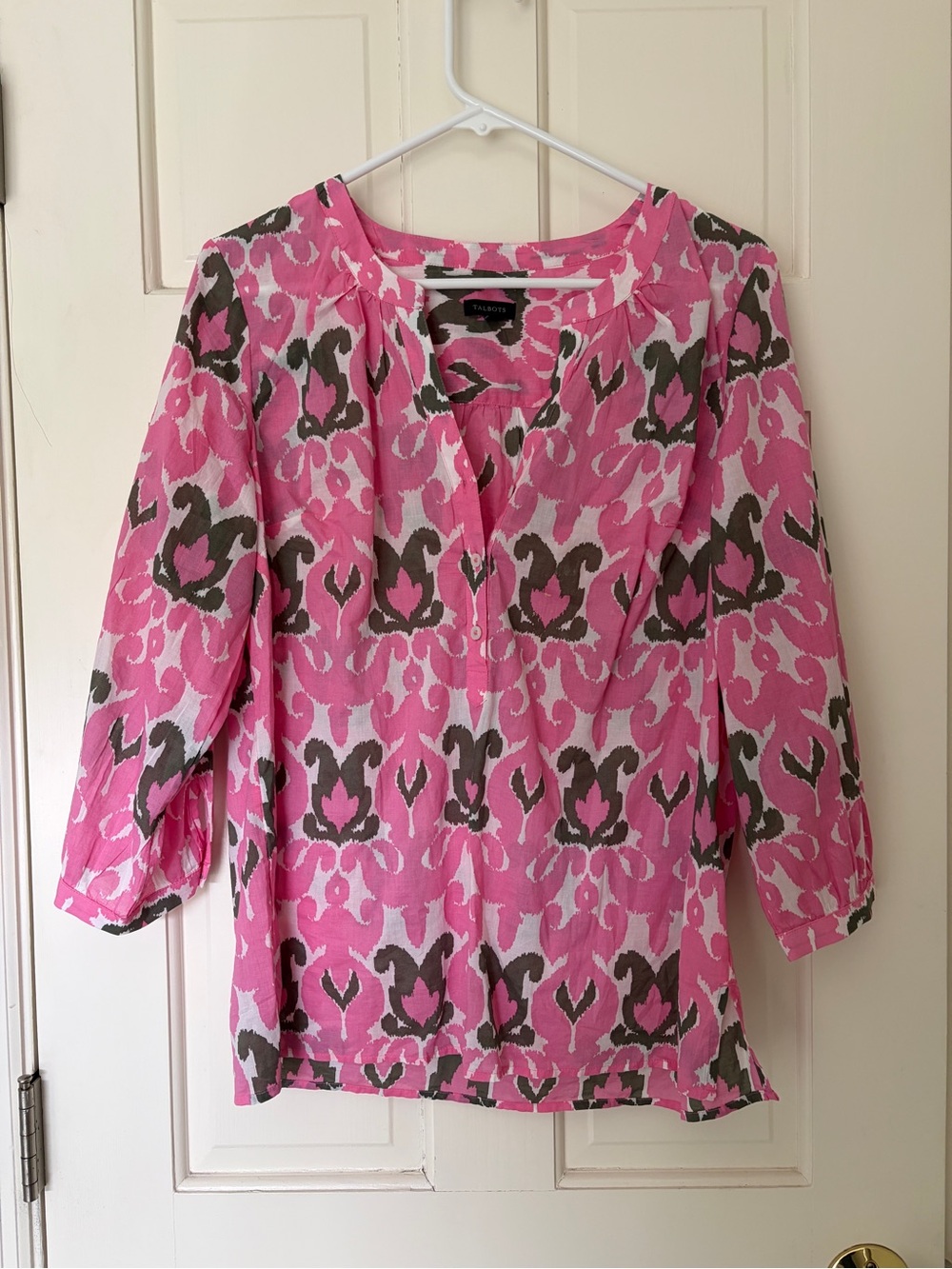 Talbots Pink and Gray Printed Split-Neck Tunic Top